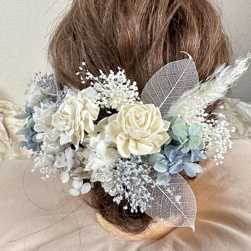 ドライフラワー髪飾り ヘッドパーツ 成人式 卒業式 結婚式 前撮り 白 