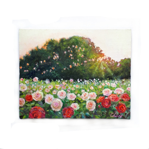 バラ園にて(水彩画 額縁付き) 花の水彩画(ローズガーデンベース)／額付き原画 絵画 サクラビト 通販