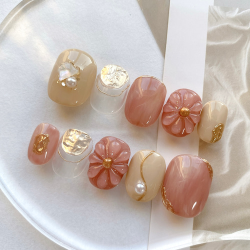 ネイルチップ モーヴピンクぷっくりフラワーニュアンスネイル ネイル  