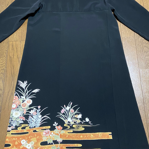 着物リメイク 黒留袖ドレス 金箔流水模様 Aライン ハンドメイド 着物リメイク 黒留袖ドレス 金箔流水模様 Aライン ハンドメイド