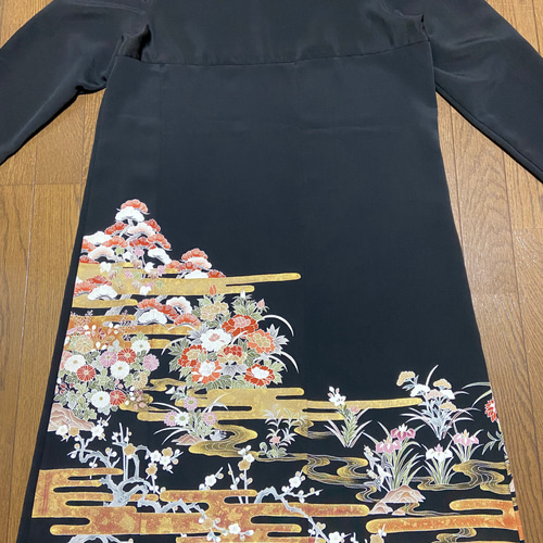 着物リメイク 黒留袖ドレス 金箔流水模様 Aライン ハンドメイド 着物リメイク 黒留袖ドレス 金箔流水模様 Aライン ハンドメイド
