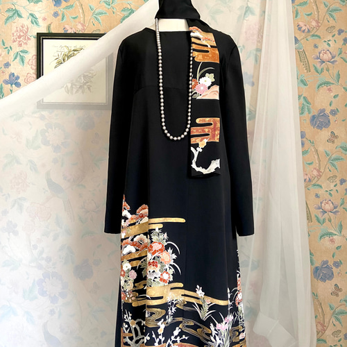 着物リメイク 黒留袖ドレス 金箔流水模様 Aライン ハンドメイド 着物リメイク 黒留袖ドレス 金箔流水模様 Aライン ハンドメイド