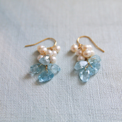 fusa : Aquamarine, Pearl（earring） アクアマリンとパールの房の耳飾り 2枚目の画像