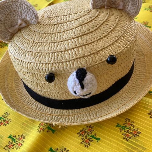 くまさん麦わら帽子 カンカン帽 子供用 ハット ハナフイハンドメイド  