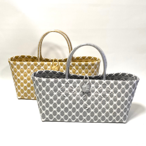 特別セール➖即納可能➖プラかごバッグ☆グレーxホワイト ワイド