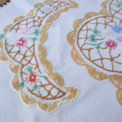 ドイツの手仕事/カラフルな小花の手刺繍と手編みレース オーバル型テーブルマット (ヴィンテージ) 5枚目の画像