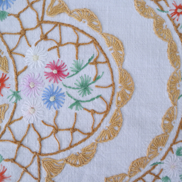 ドイツの手仕事/カラフルな小花の手刺繍と手編みレース オーバル型テーブルマット (ヴィンテージ) 9枚目の画像