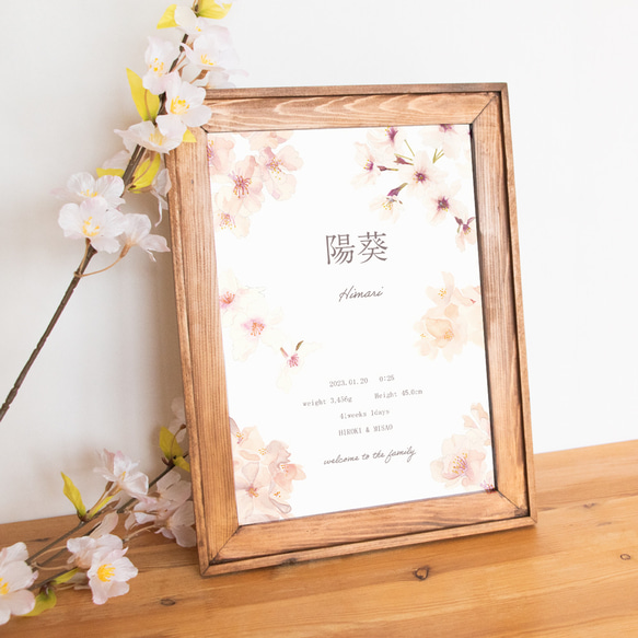桜の花の水彩イラスト 命名書  名入れ オーダー ベビーポスター 2枚目の画像