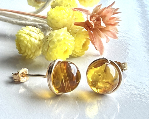 ブルーアンバー 1粒ピアス 14kgf ドミニカ産 ピアス（スタッド