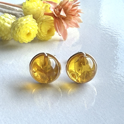 ブルーアンバー 1粒ピアス 14kgf ドミニカ産 ピアス（スタッド