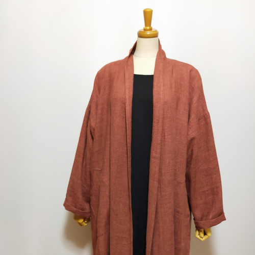 ショールカラーロングコート*イタリア製 綿麻*テラコッタ*M〜2L コート  