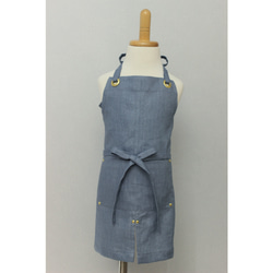 上質リネン エプロン【 Eyelet switching kids apron】Grayish blue S,M,L 5枚目の画像