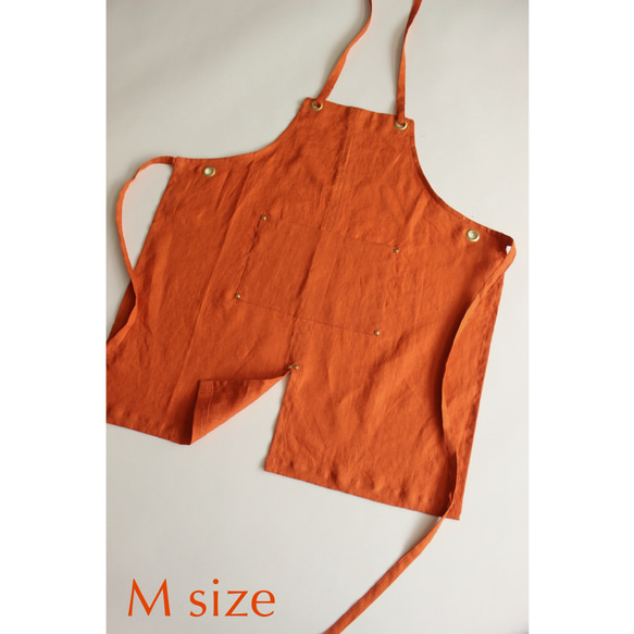 上質リネン キッズエプロン【 Eyelet switching kids apron 】Orange S,M,L 2枚目の画像