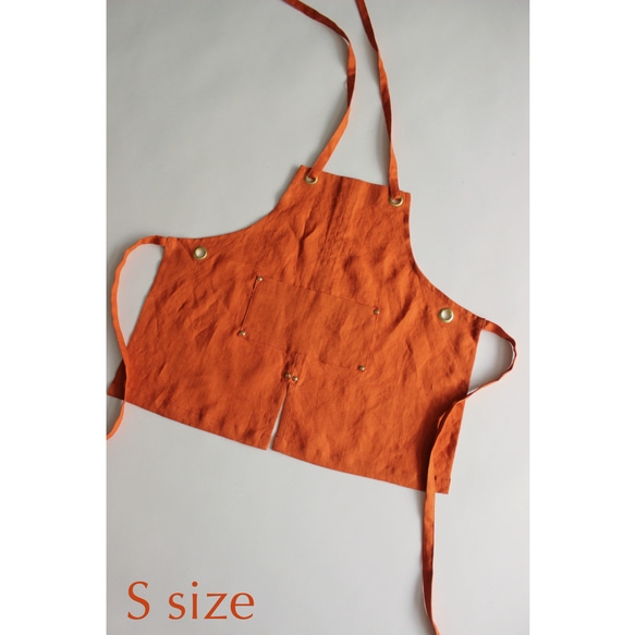 上質リネン キッズエプロン【 Eyelet switching kids apron 】Orange S,M,L 3枚目の画像