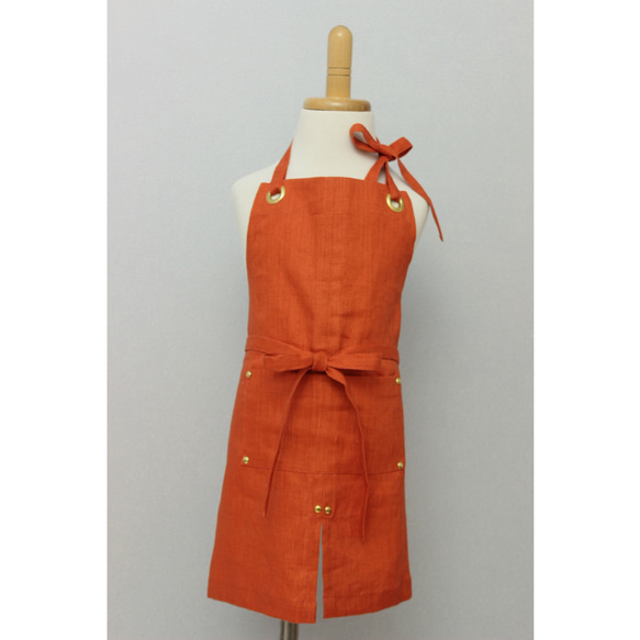 上質リネン キッズエプロン【 Eyelet switching kids apron 】Orange S,M,L 6枚目の画像