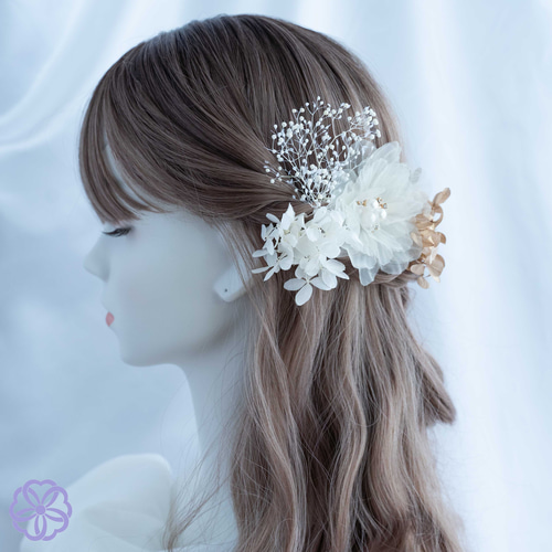 ベージュリボン×ふわふわシフォンの髪かざり 結婚式 成人式 卒業 ベージュリボン×ふわふわシフォンの髪かざり 結婚式 成人式 卒業