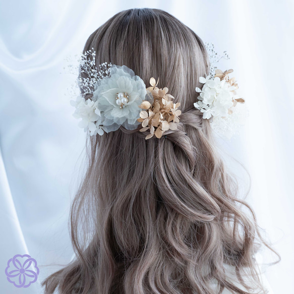 ベージュリボン×ふわふわシフォンの髪かざり　結婚式　成人式　卒業式　ヘアアクセサリー　ウェディング　ブライダル　花嫁 1枚目の画像