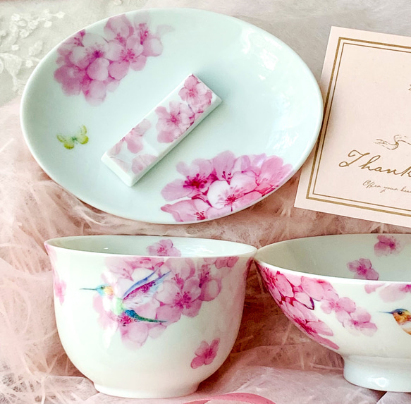 桜蜜と小鳥のお茶碗セット/飯茶碗・湯のみ・豆皿・(箸置き) 6枚目の画像