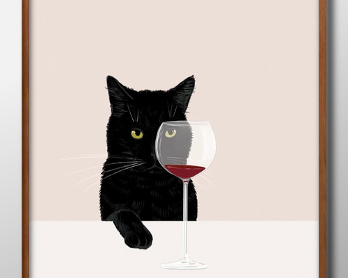 12511□ポスター 絵画 A3サイズ『ワインと猫』 アート イラスト
