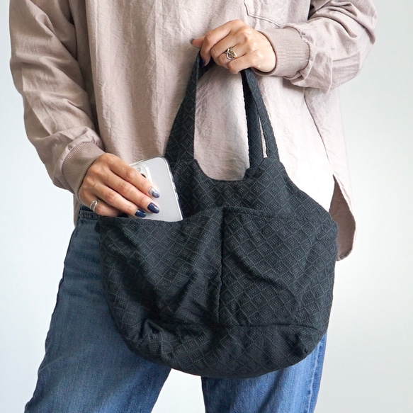 四眼蔬菜袋（手提包）/黑色/三河棉刺子編織 第1張的照片