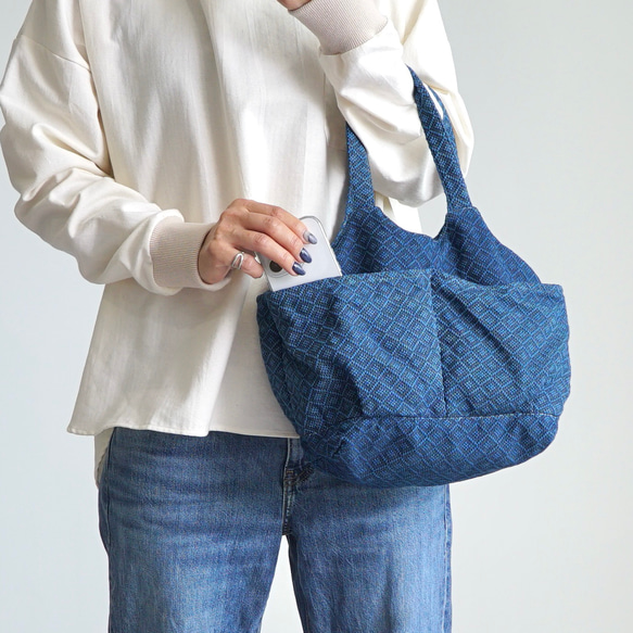 四眼蔬菜袋（手提包）/藍色/三河棉刺子編織 第5張的照片