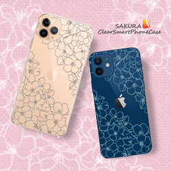 送料無料★さくら咲くiPhoneクリアスマホケース グレー＆くすみブルー 春 桜 花柄 透明 クリア 青 紺 大人可愛い 1枚目の画像