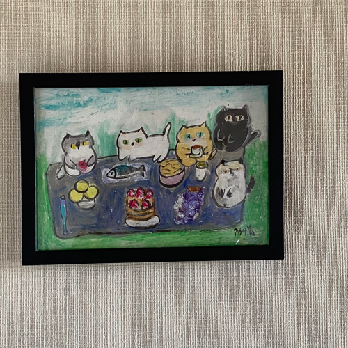 絵画 。壁掛け絵【かわいい猫たちが月亮船に乗って世界を旅する】 水星に乗った子猫と宇宙空間の絵 油絵原画「Ride on Mercury