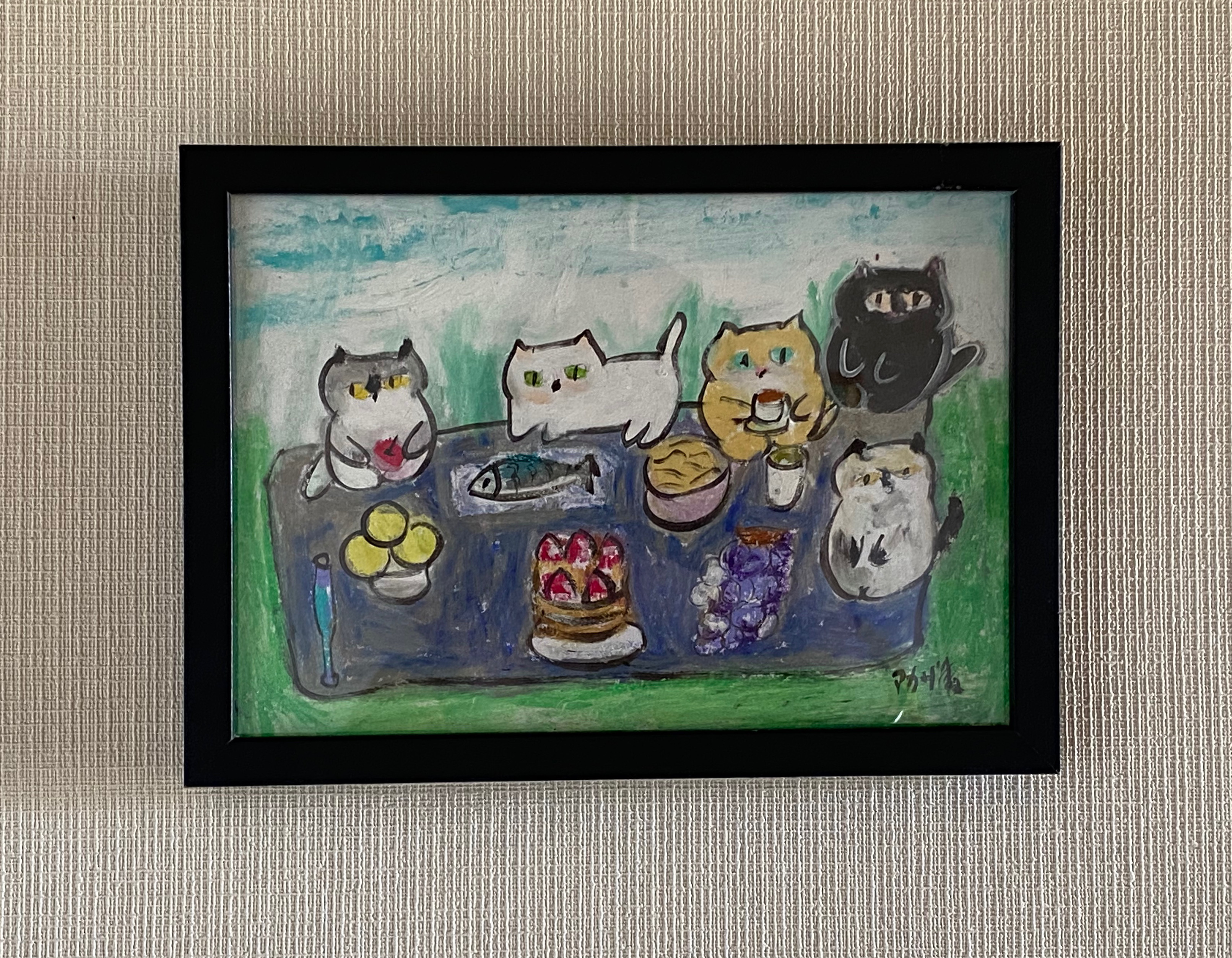 絵画 。壁掛け絵手描き【晴れた日、猫たちが集まって楽しいピクニック】