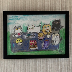 絵画 。壁掛け絵手描き【晴れた日、猫たちが集まって楽しい