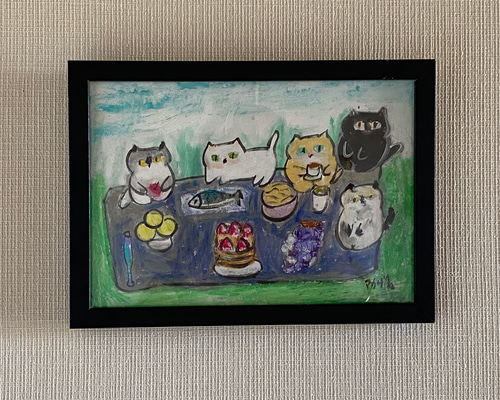 絵画 。壁掛け絵手描き【猫たちは銀河にかわいい星を入れている】 絵画 。壁掛け絵手描き【猫たちは銀河にかわいい星を入れている