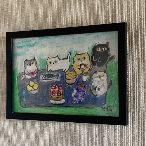 絵画 。壁掛け絵原画手描き【かわいい猫たちの楽しいワインパーティー】 絵画 。壁掛け絵原画手描き【かわいい猫たちの楽しいワイン