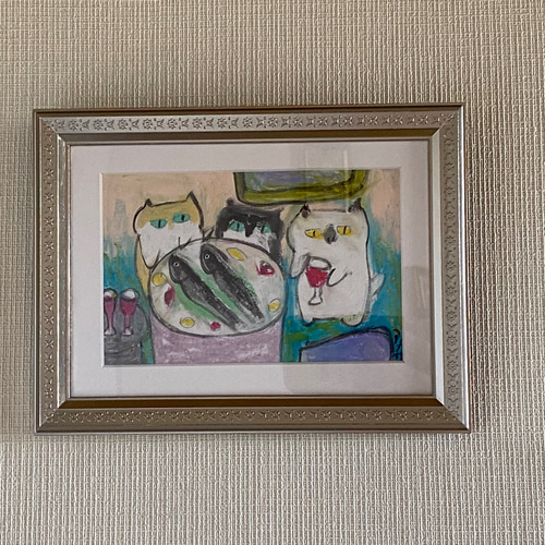 絵画 。壁掛け絵原画手描き【かわいい猫たちの楽しいワイン