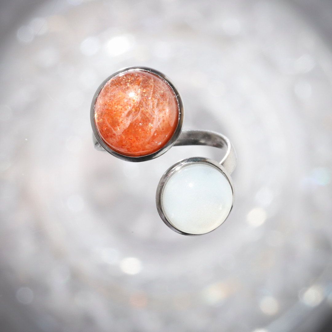 【再販10超】リングおまけ中♪『太陽』《サンストーン×ムーンストーン》天然石フォークリング【サージカルステンレス】