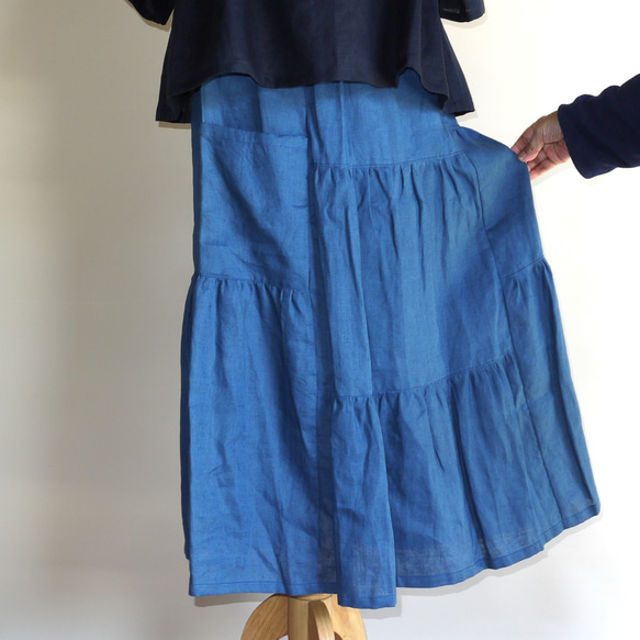 リネン◇変わりティアードスカート◇ブルー◇フリーサイズ（リネン100％） 3枚目の画像