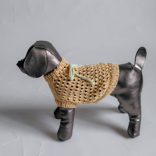 犬服 ハンドメイド メッシュニット 犬服＊手編みメッシュサマーセーター 卵色 ペット服