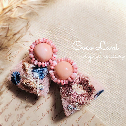 100％本物 インド刺繍リボン くすみ ピンク フラワー タッセル 2way イヤリング・ノンホールピアス