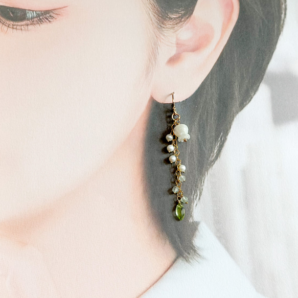 14kgf*珍珠母和橄欖石鈴蘭耳環/耳環*天然石 第7張的照片