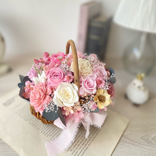 ハンドメイド★フラワーバスケット オブジェ ★石膏 花 暖色系 ブーケ 優しさあふれるフラワーバスケット（再販） プリザーブドフラワー 花の