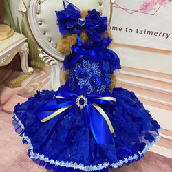 犬猫うさちゃん服 小花に包まれたロイヤルブルーのカラードレス ペット