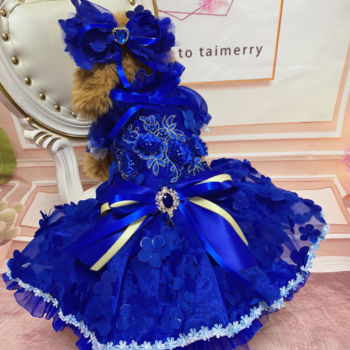 犬猫うさちゃん服 小花に包まれたロイヤルブルーのカラードレス ペット