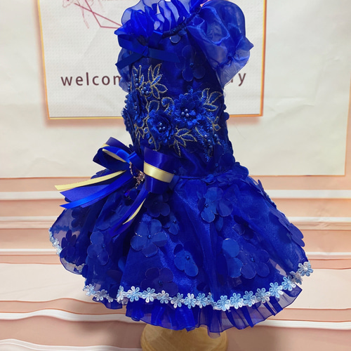 犬猫うさちゃん服 小花に包まれたロイヤルブルーのカラードレス ペット