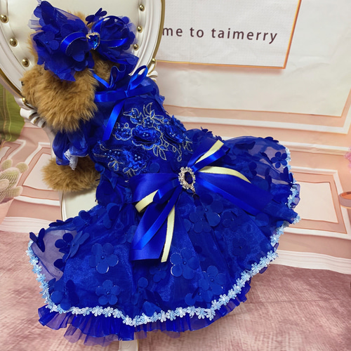 犬猫うさちゃん服 小花に包まれたロイヤルブルーのカラードレス