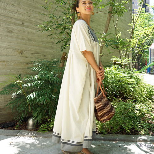 完売】カディコットン・Vネックカフタンワンピ（NK25-001‐beige