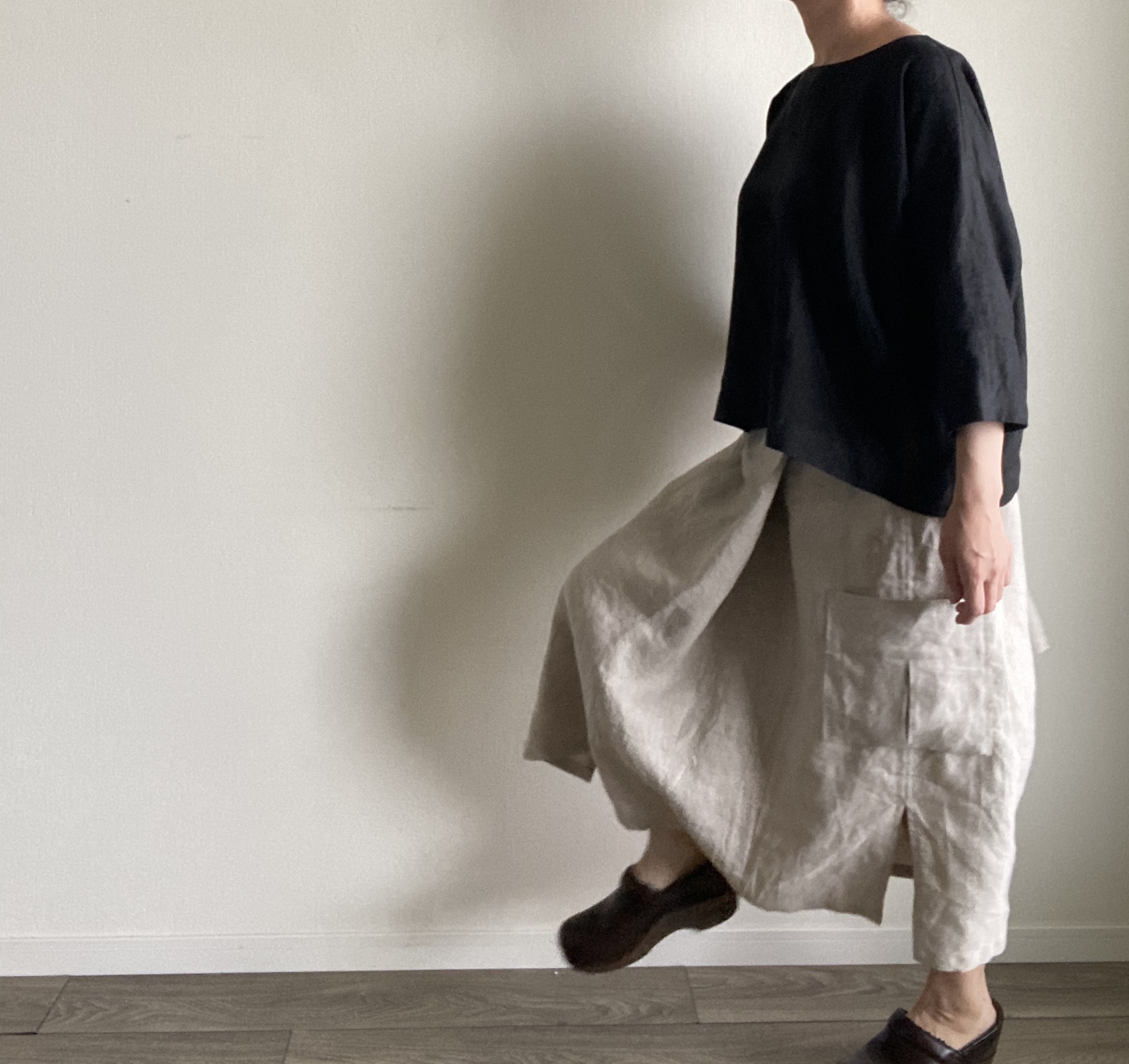 生成りリネンの脇スリットロングスカート　セミオーダー（S～５L）