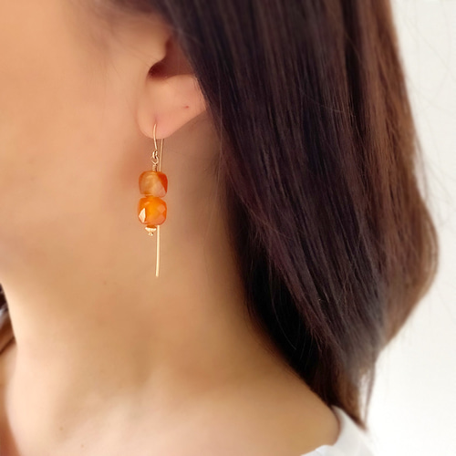 14Kgf 杏色 カーネリアン ロングフックピアス /イヤリング アレルギー