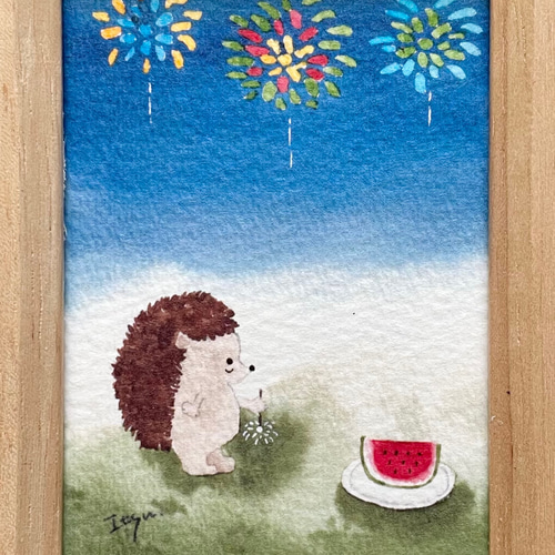 透明水彩画「満月と紅葉」イラストミニ額 月 うさぎ ウサギ プチ