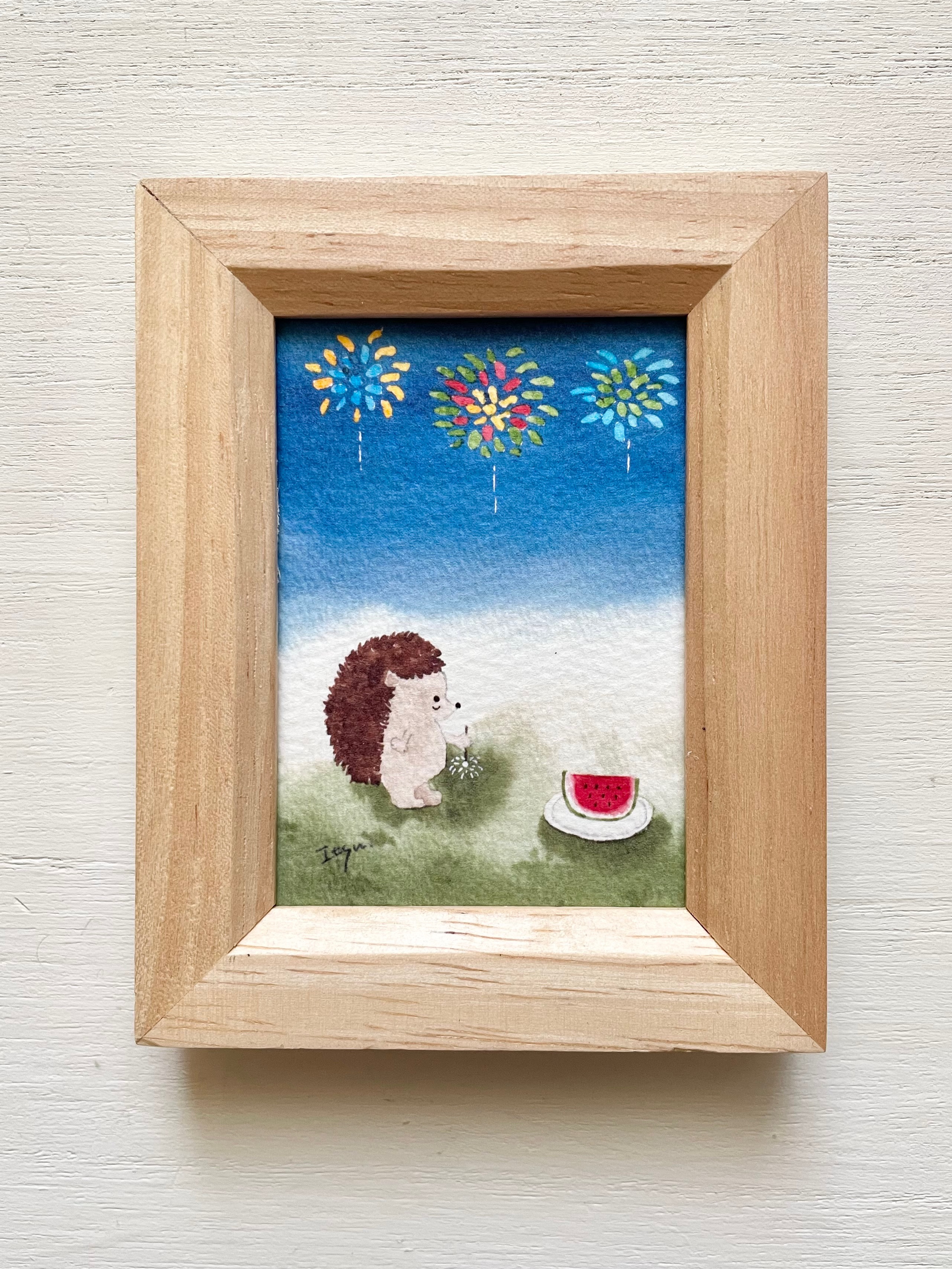 透明水彩画 ミニ額「ハリネズミと花火」イラスト プチギフト 母