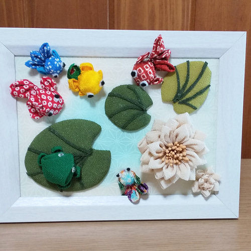 夏飾り＊金魚＊スイレン＊カエル＊つまみ細工＊フォトフレーム完成品