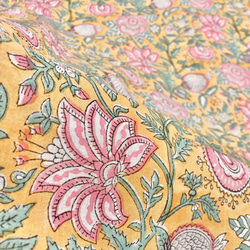 [50cm單位]黃色粉紅色白色花朵印度手工塊印花布料紡織棉 第5張的照片