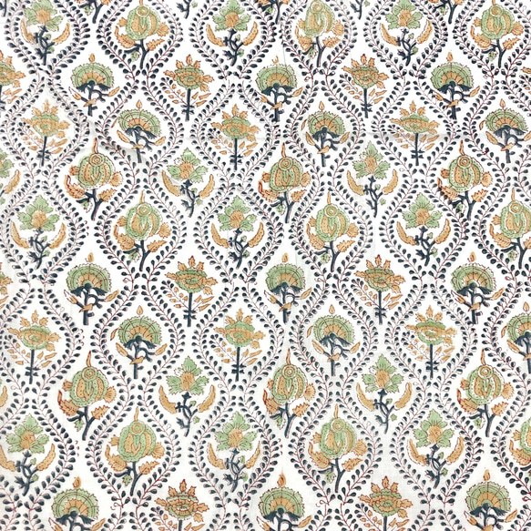 [50cm單位]白色深黃綠色花朵印度手工塊印花織物紡織棉 第4張的照片